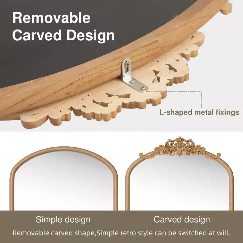 Miroir mural de 37 in. W x 71 in. H avec cadre en bois à arche classique sculptée et partie inférieure en rotin, marron