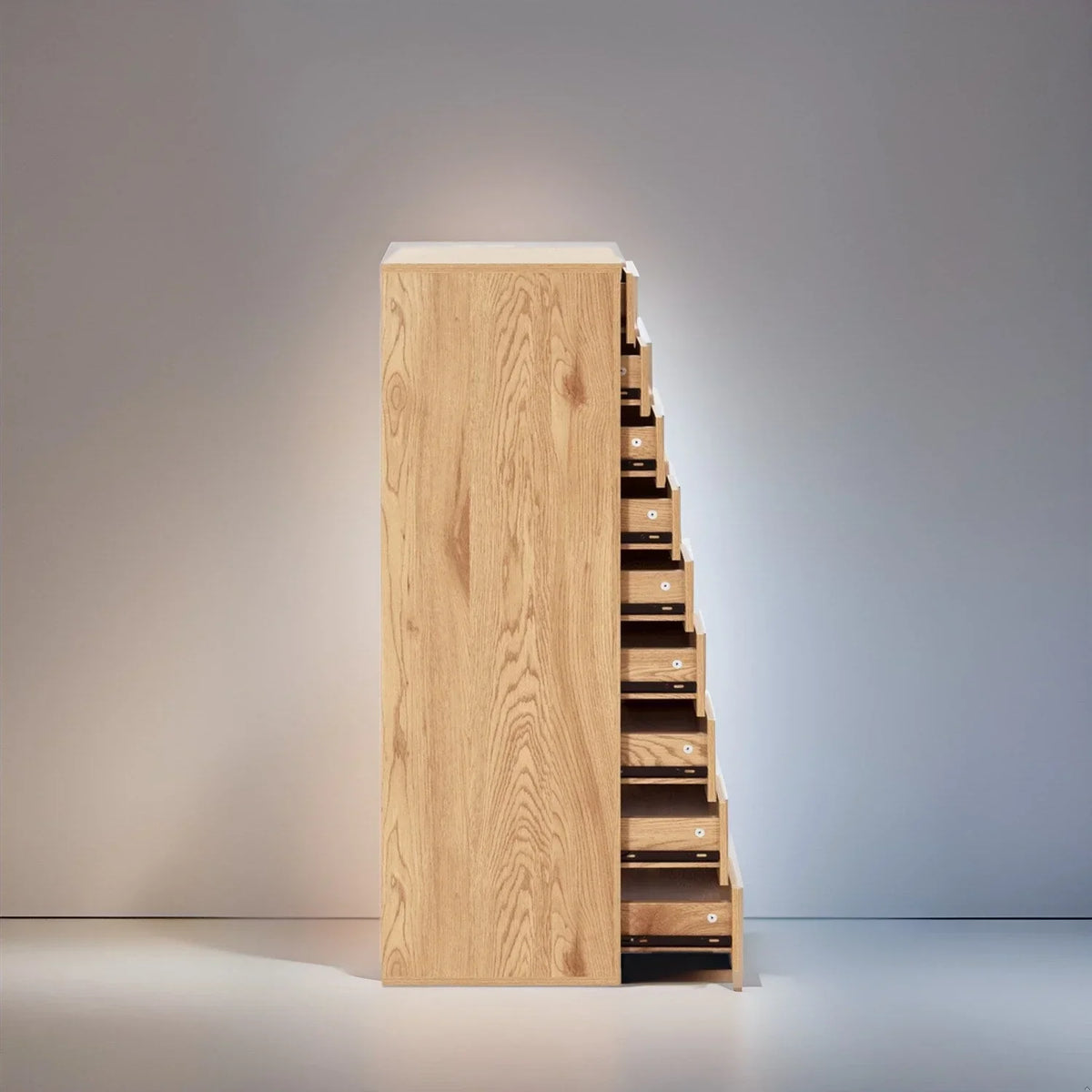 Schmaler Holzschrank mit 9 Schubladen, leichtgängigen Schubladen und oberem Ablagefach