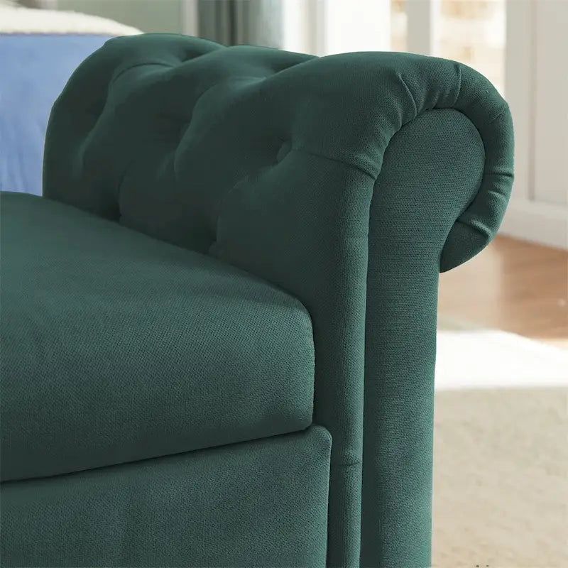 Aufbewahrungsbank fürs Schlafzimmer am Fußende des Bettes, Samt-Ottomane mit gerollten Armlehnen, langes Sofa