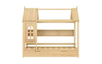 Huisbed met opberglades en raam, frame van massief hout met planken, speels kinderontwerp, lichtwit