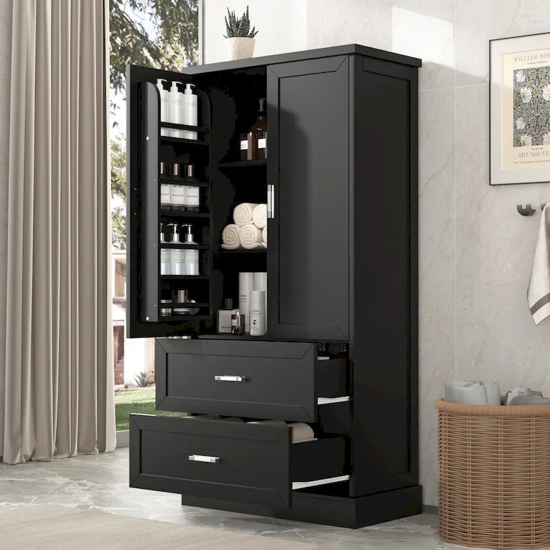 Hoher Badezimmerschrank mit zwei Türen und Schubladen, verstellbarem Einlegeboden und MDF-Platte