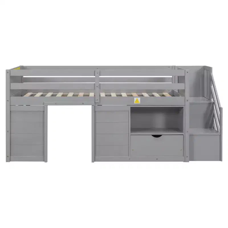 94.6L x 42.3W laag halfhoogslaper van massief hout voor een eenpersoonsbed, met trap, lade en plank, modern en strak ontwerp
