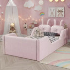 Lit plateforme simple Whisen, cadre de lit rembourré pour enfant au ras du sol avec coussin lapin et barrières latérales amovibles