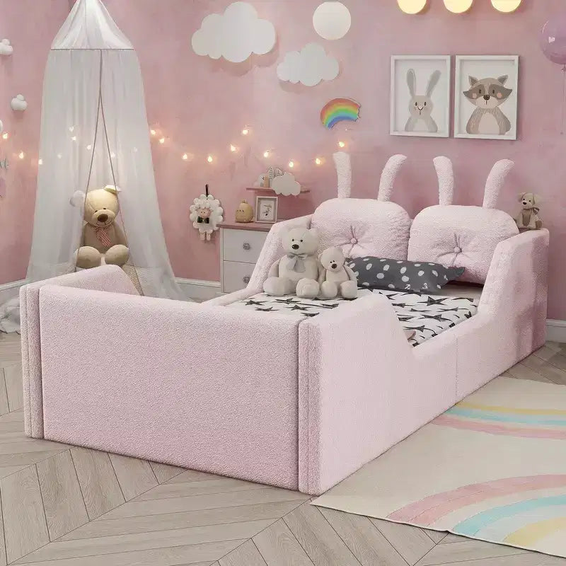 Lit plateforme simple Whisen, cadre de lit rembourré pour enfant au ras du sol avec coussin lapin et barrières latérales amovibles