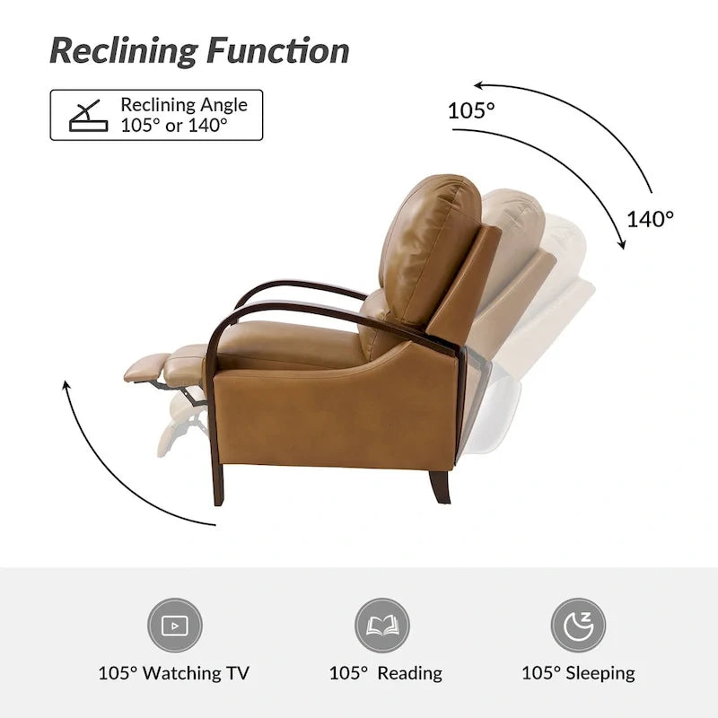 Alex Mid-century Modern Cigar Genuine Leather Manual Recliner with Wooden Curved Arms