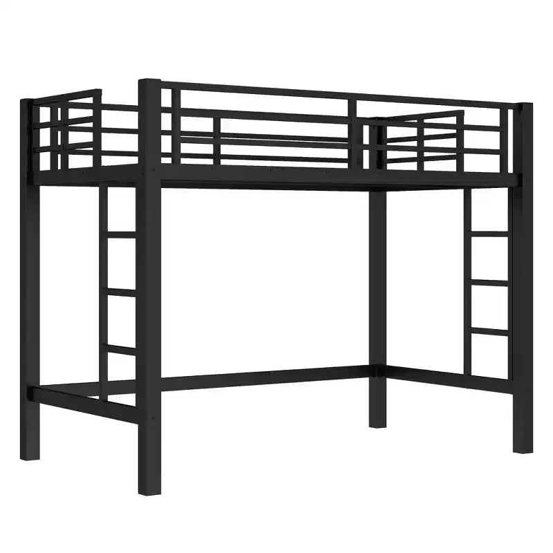 Metall-Hochbett, platzsparender Bettrahmen mit zwei Leitern und Absturzsicherungen, Schwarz - ModernLuxe