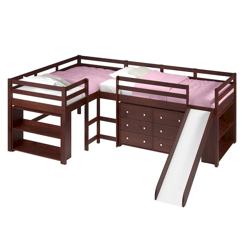 Doppeltes Schlafzimmer-Set mit zwei L-förmig angeordneten Hochbetten und Rutsche in dunklem Cappuccino