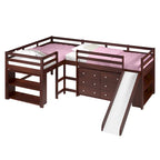 Doppeltes Schlafzimmer-Set mit zwei L-förmig angeordneten Hochbetten und Rutsche in dunklem Cappuccino