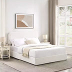 Modern queensize bed met bouclébekleding en opbergladen