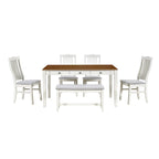Eetkamerset van hout, 6-delig, met 4 stoelen en een bankje, tafel met lade