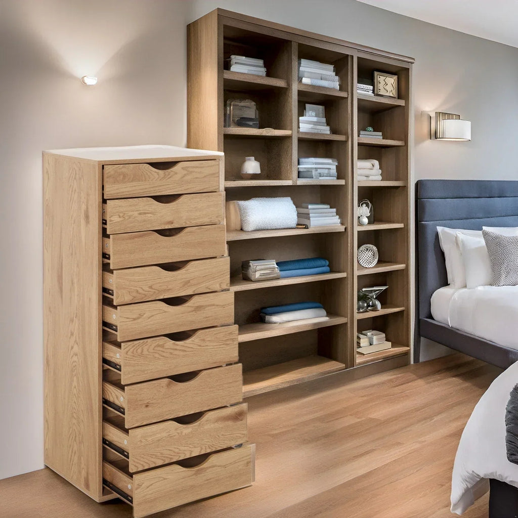 Schmaler Holzschrank mit 9 Schubladen, leichtgängigen Schubladen und oberem Ablagefach