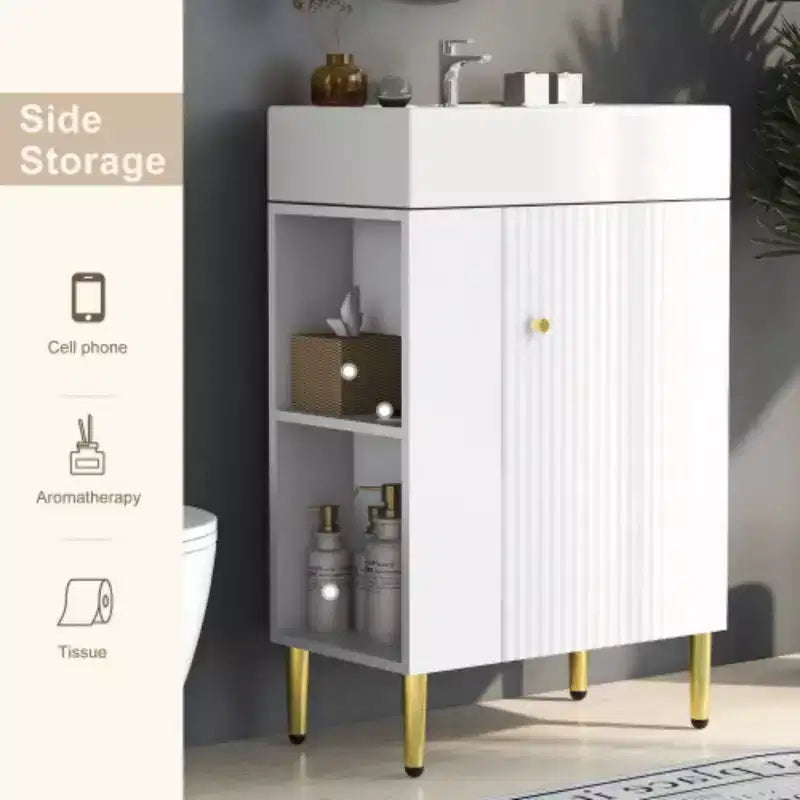 Witte badkamermeubelcombinatie van 21.6, opbergkast voor de badkamer, enkele keramische wastafel, opbergruimte aan de linkerkant