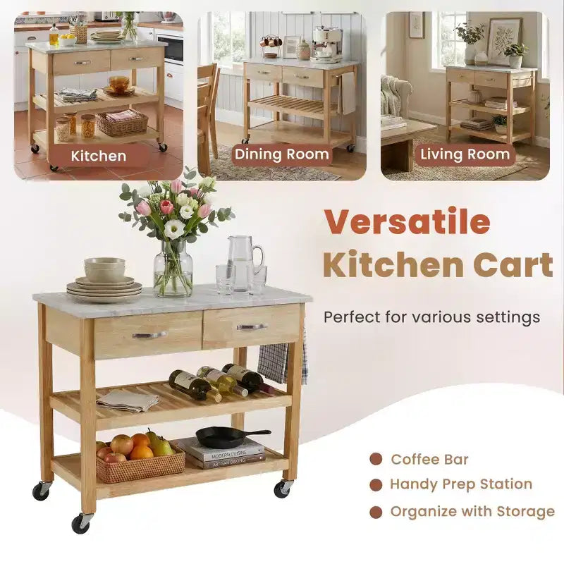Verrijdbare keukentrolley met marmeren blad, kookeiland van massief hout met 2 lades, keukentrolley met 3 niveaus, vergrendelbare afneembare wielen en handdoekrek