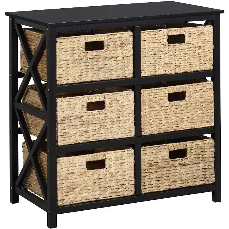 Commode de rangement eHemco à 3 niveaux avec côtés en X et 6 paniers tressés en jacinthe d’eau naturelle