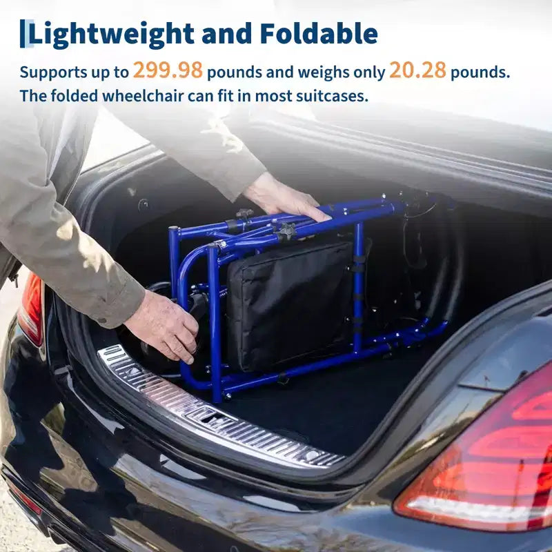 Tragbarer, zusammenklappbarer Rollstuhl für Erwachsene, Tragkraft 299lb, 6 Räder, höhenverstellbar, Stauraum unter dem Sitz, bequemer Sitz und Fußpedale