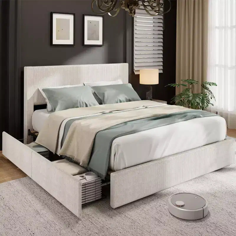 CuisinSmart bedframe van ribfluweel met hoofdbord, gestoffeerd platformbedframe met 4 opbergladen en houten lattenbodem