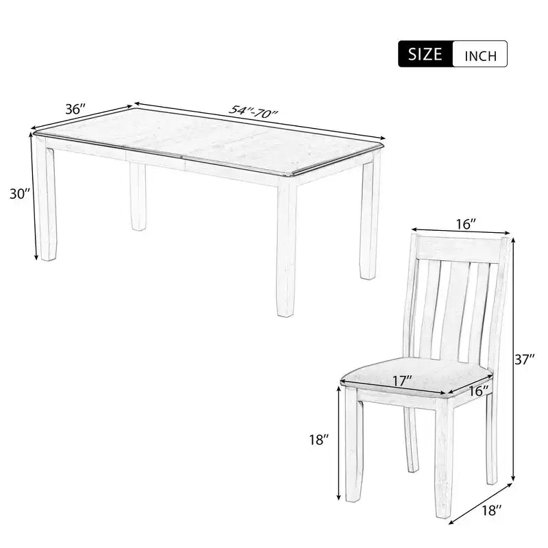 Uitschuifbare eethoekset in landelijke stijl voor 6 personen, rechthoekige tafel en 6 gestoffeerde stoelen