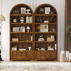 Bibliothèque arquée de 72 pouces avec tiroir de rangement, meuble vitrine moderne en bois à 6 niveaux avec étagères ouvertes et tiroir inférieur, porte d’armoire incurvée
