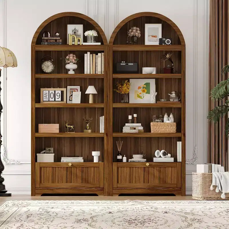Bibliothèque arquée de 72 pouces avec tiroir de rangement, meuble vitrine moderne en bois à 6 niveaux avec étagères ouvertes et tiroir inférieur, porte d’armoire incurvée