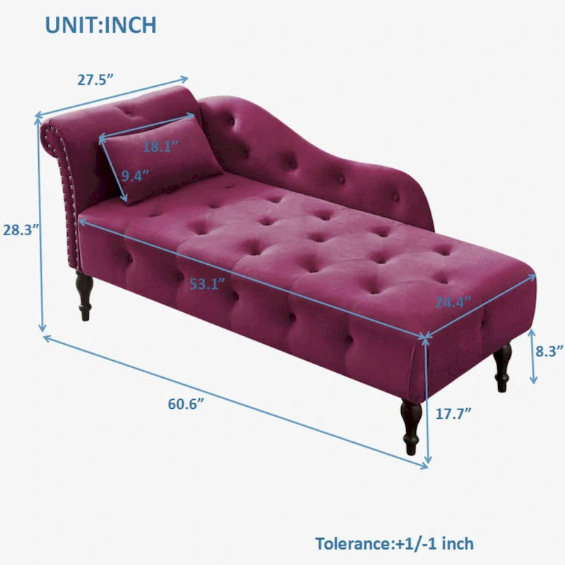 Moderne Chaiselongue, 60.6, mit Samtbezug, Knopfheftung, Beinen aus Massivholz und Ziernägeln