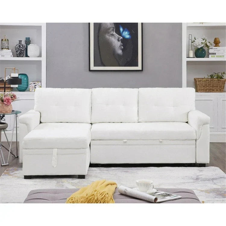 Canapé d’angle convertible et réversible avec lit escamotable, méridienne avec rangement dissimulé et pieds robustes