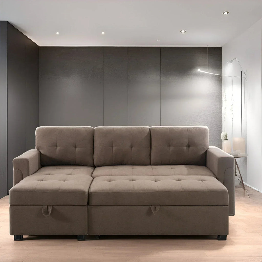 Canapé d’angle convertible et réversible avec lit escamotable, méridienne avec rangement dissimulé et pieds robustes