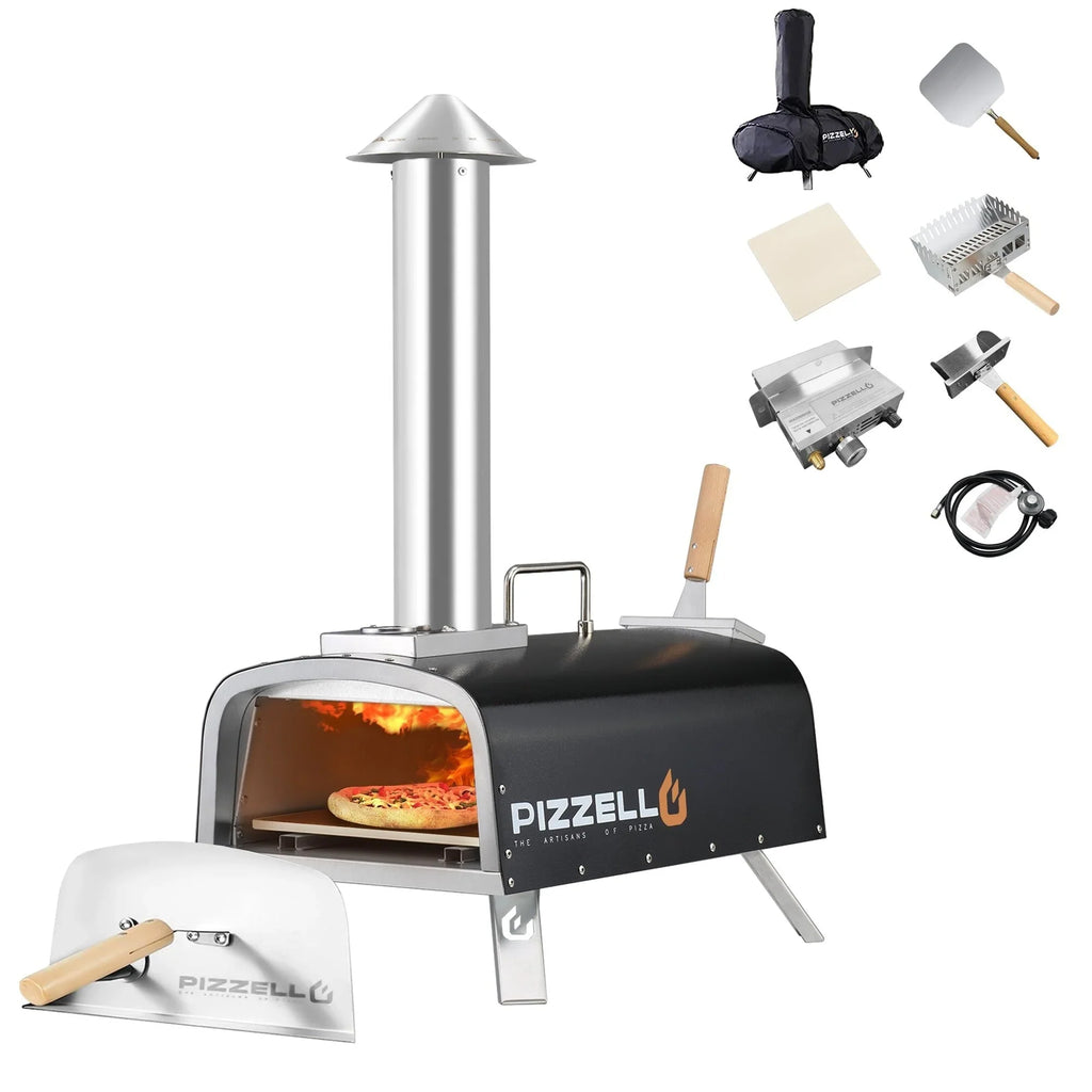 Multibrandstof-pizzaoven voor buiten, voor steenovenpizza, met gasbrander en houtbox - 12 inch