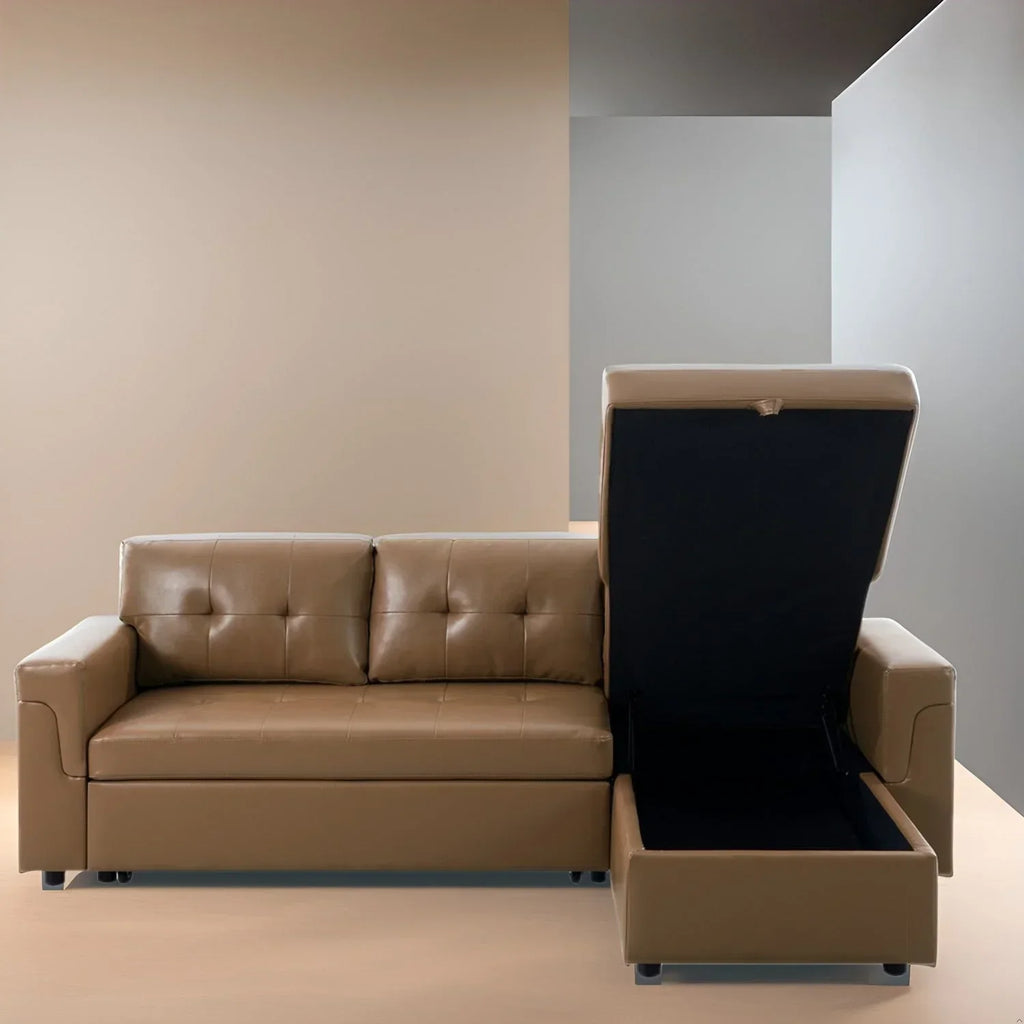 Canapé d’angle convertible et réversible avec lit escamotable, méridienne avec rangement dissimulé et pieds robustes