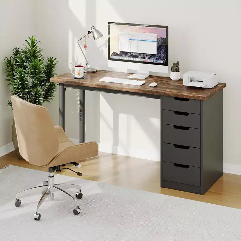 Computerschreibtisch mit 5 Schubladen, 47 Zoll, moderner, rustikaler und beidseitig montierbarer Schreib- und Arbeitstisch, Homeoffice-Arbeitsplatz für kleine Räume