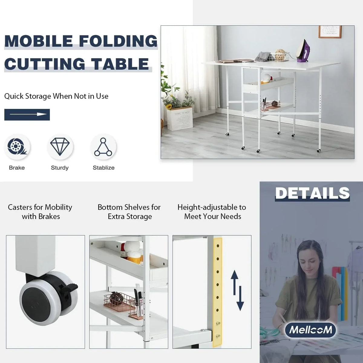In hoogte verstelbare knutseltafel met opbergplanken, mobiele opvouwbare snijtafel voor thuiskantoor, naaikamer of hobbykamer