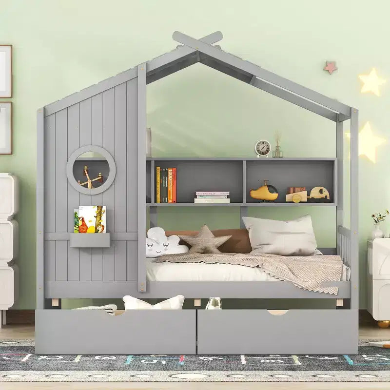 Drewniane łóżko domek w rozmiarze Twin/Full z 2 szufladami, łóżko dziecięce z półką do przechowywania - ModernLuxe
