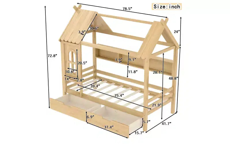 Huisbed met opberglades en raam, frame van massief hout met planken, speels kinderontwerp, lichtwit