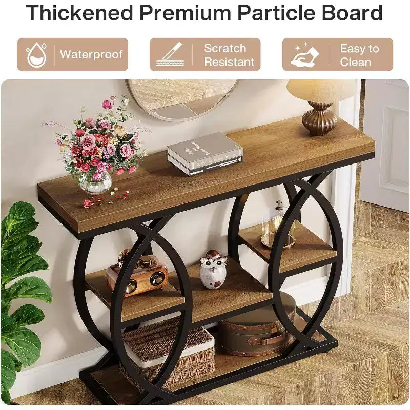 Lantine consoletafel van 39.4, industriële banktafel met 4 niveaus, haltafel met opbergplanken en metalen frame voor kleine ruimtes, gang en hal, bruin