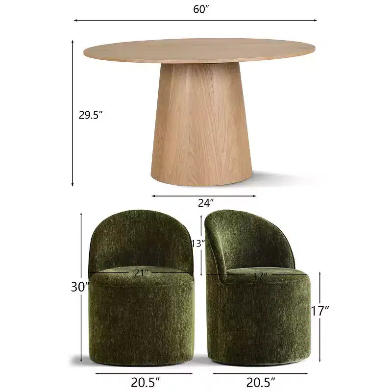 Ensemble de salle à manger moderne pour 6 personnes, table ronde à piètement central, fauteuils pivotants en forme de tonneau à roulettes, chenille texturée - Panipeachy