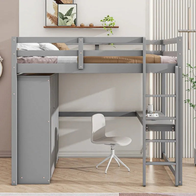 Hochbett aus Holz in Full-Größe mit integriertem Kleiderschrank, Schreibtisch, Ablagefächern und Schubladen