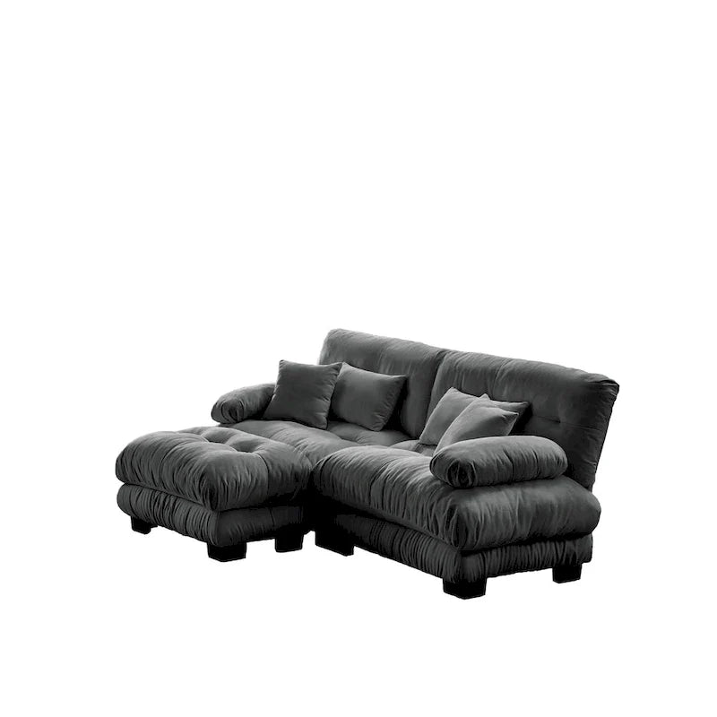 L-vormige loveseat, hoekbank van chenille met lendenkussens