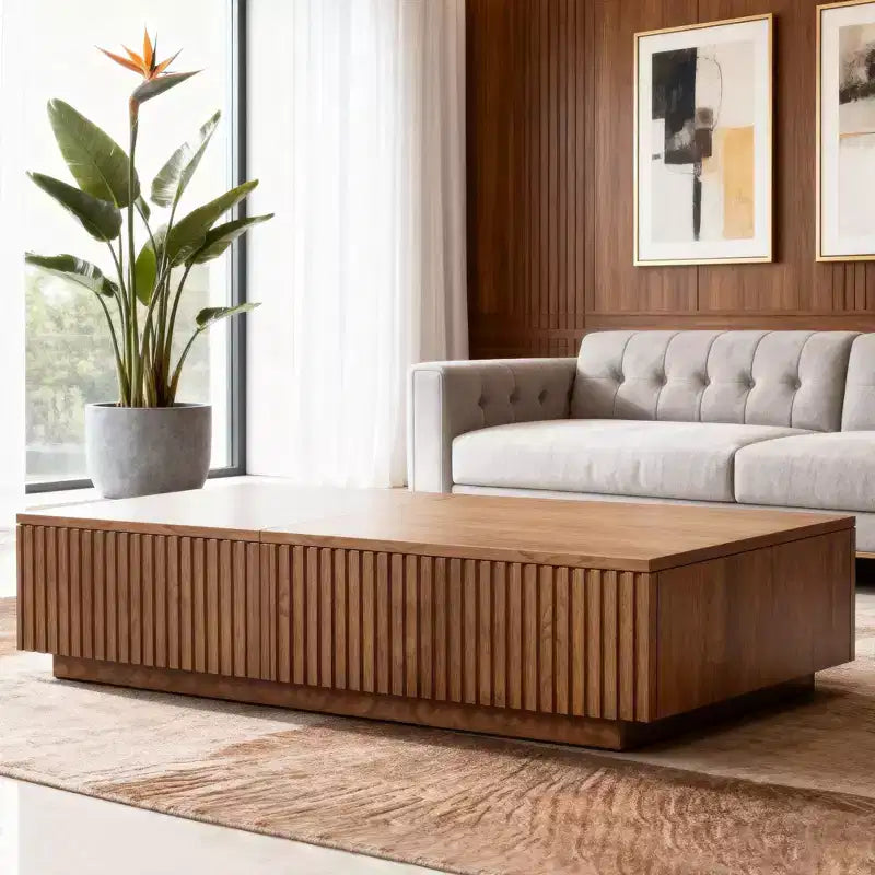 Stolik kawowy w stylu mid-century modern z podnoszonym blatem, orzechowy, prostokątny stolik do salonu 51.1