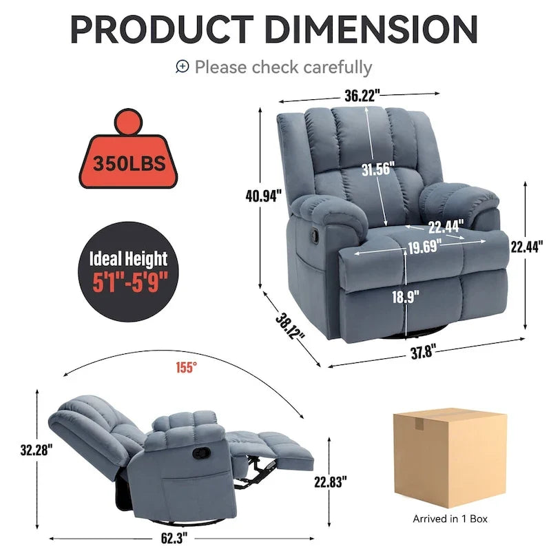 Fauteuil inclinable manuel vert surdimensionné avec fonction pivotante et à bascule, revêtement en tissu