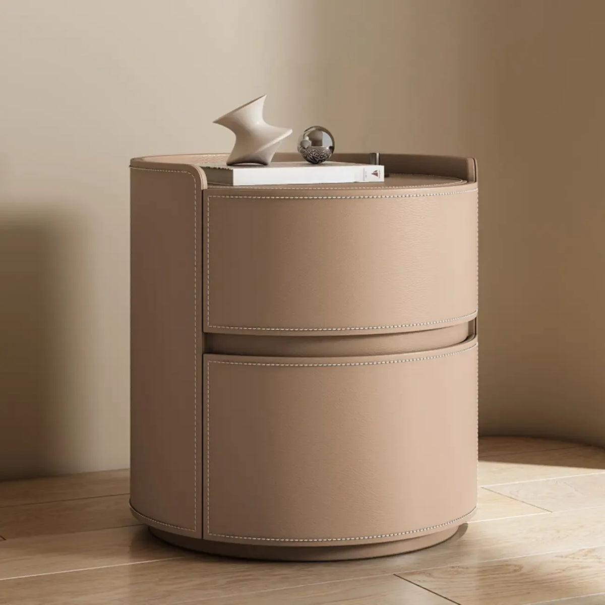 Modern Leather Tray Round 2-Drawer Nightstand