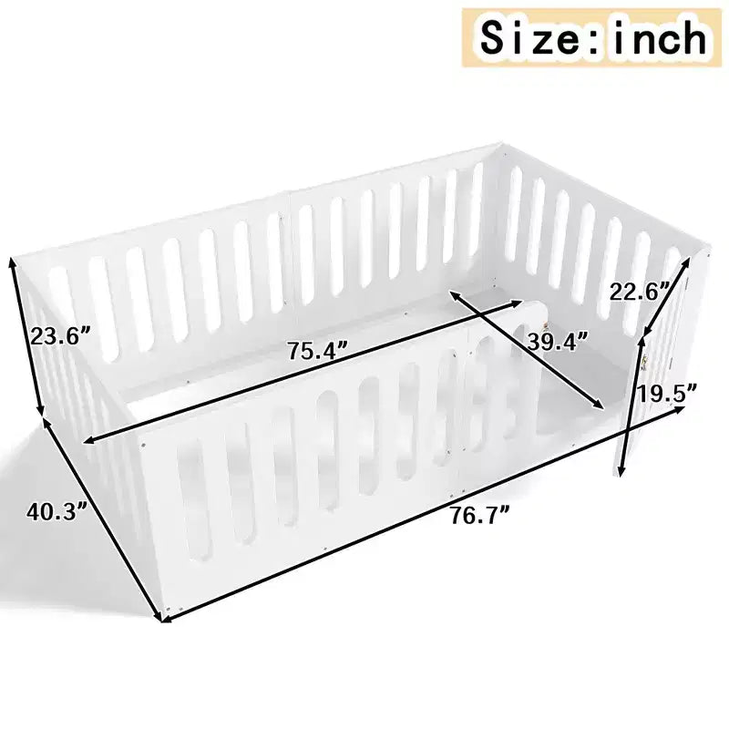 White Twin Montessori Floor Bed with Fence Rails & Door ??Solid Wood, 1 Child