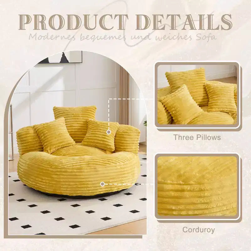 Sofa typu bean bag dla dorosłych i dzieci, duży fotel typu bean bag z sztruksu, 3 poduszkami i podłokietnikami do salonu lub sypialni