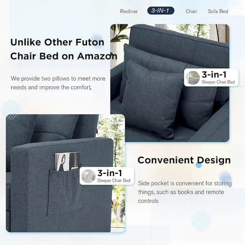 Fauteuil-lit réglable convertible 3-en-1, plusieurs couleurs, pour 1 personne