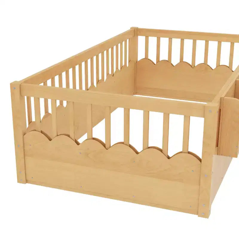 Bellemave-Kinderbodenbett mit erhöhtem Rausfallschutz und Bücherregal, hölzernes Montessori-Einzelbettgestell für Mädchen und Jungen