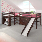 Doppeltes Schlafzimmer-Set mit zwei L-förmig angeordneten Hochbetten und Rutsche in dunklem Cappuccino