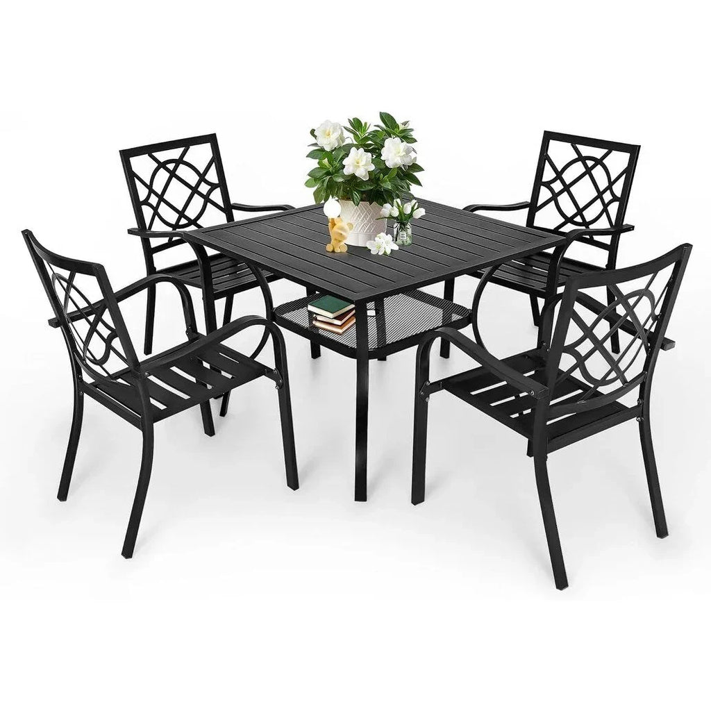 SUNCROWN 5-/7-teiliges Esstischset aus Stahl für die Terrasse, Metalltisch mit Lamellen und stapelbare Stühle, pulverbeschichtetes Gestell
