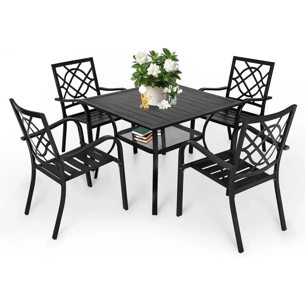 SUNCROWN 5-/7-teiliges Esstischset aus Stahl für die Terrasse, Metalltisch mit Lamellen und stapelbare Stühle, pulverbeschichtetes Gestell