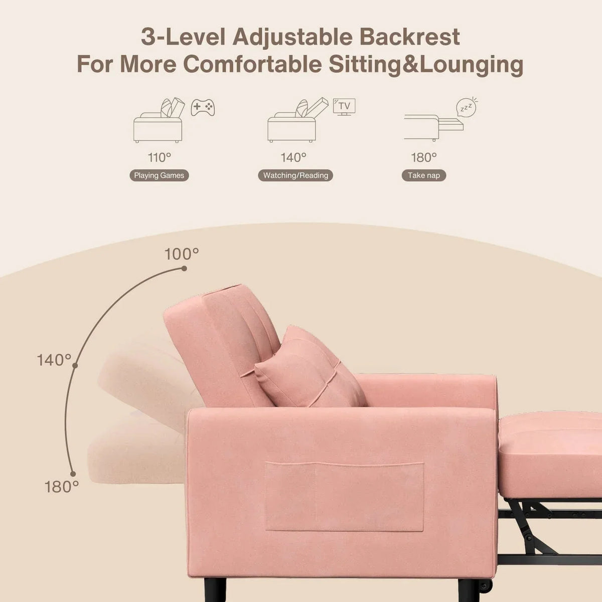 Canapé-lit convertible 3 en 1 avec réglage ajustable, fauteuil-canapé avec lit escamotable, lit pliant convertible pour le salon