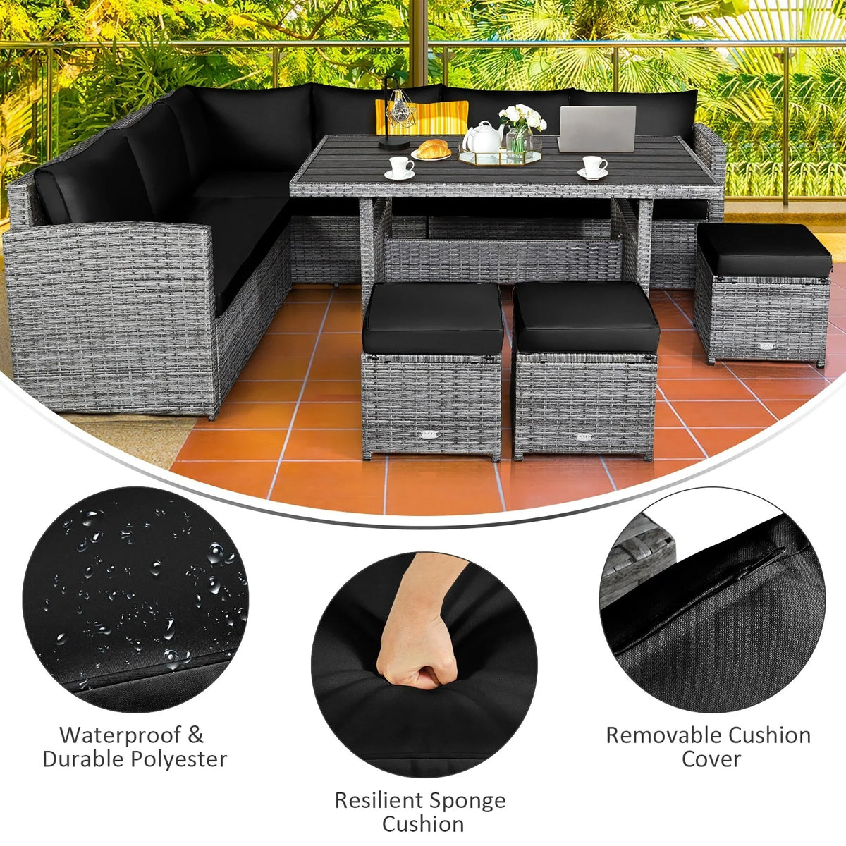 Costway 7-delige diningset van rotan voor het terras, modulaire bank, sofa en voetenbank - bekijk de details