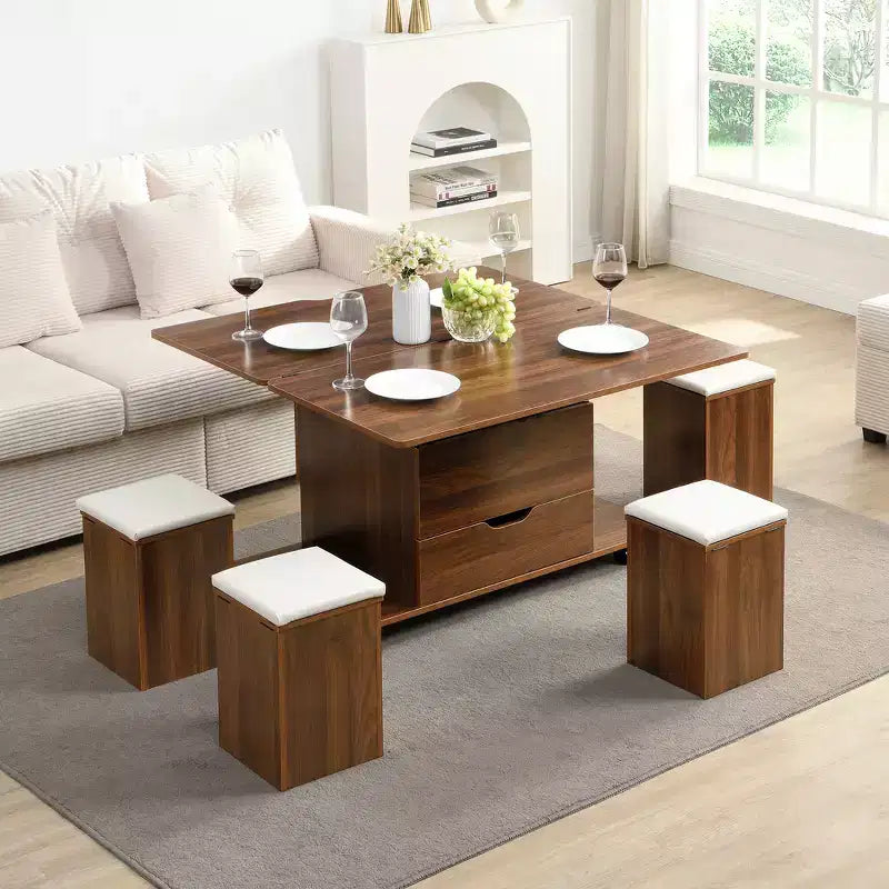 Multifunktionaler moderner Couchtisch mit Hubplatte und verstecktem Stauraum, 4 Hockern und Rollen, perfekt für moderne Wohnräume