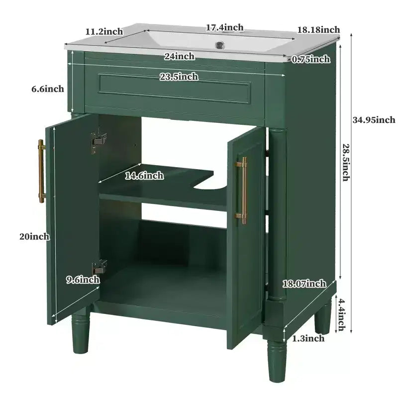 Meuble-lavabo de salle de bains 24 avec lavabo en céramique, meuble de style Shaker, 2 portes à fermeture amortie, structure en bois massif pour petite salle de bains ou salle d'eau